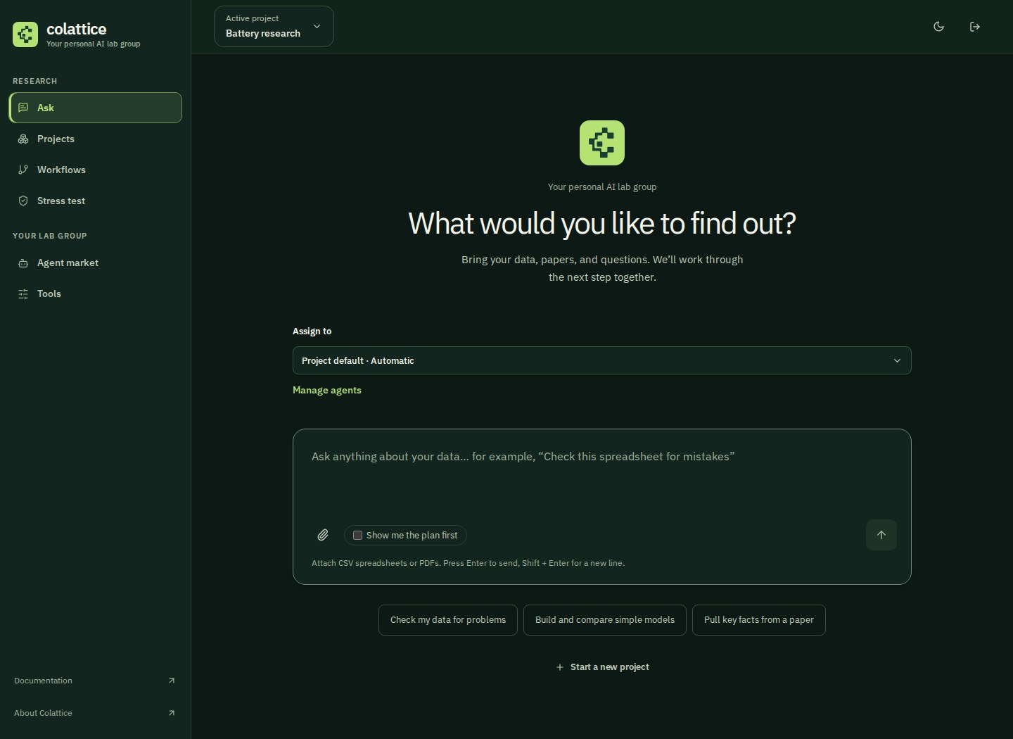 Actual Ask interface: project selector, lab-group sidebar, agent assignment and question composer.