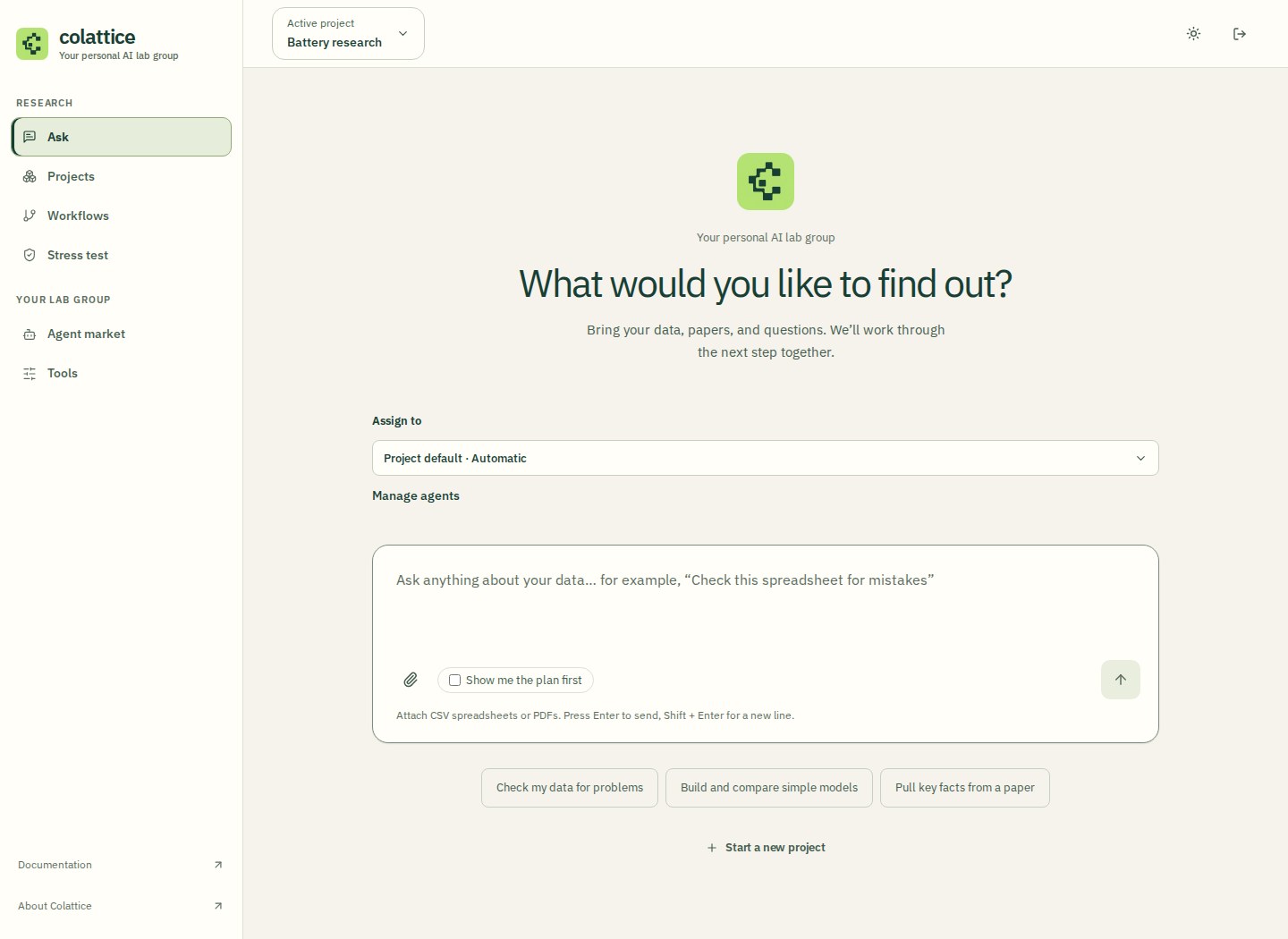Actual Ask interface: project selector, lab-group sidebar, agent assignment and question composer.